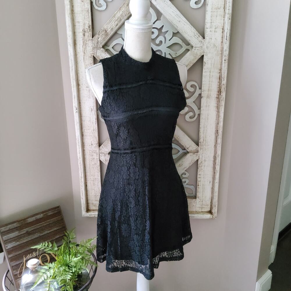 Francesca's Women's Sleeveless Lace Mock Neck Fit & Flare Mini Dress in Black